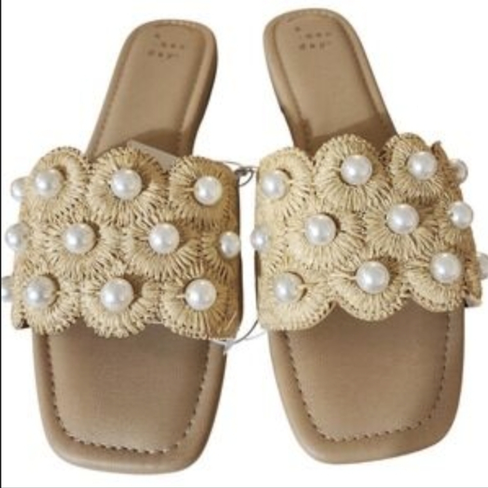 a new day Beige Raffia Pearl Slide Sandals